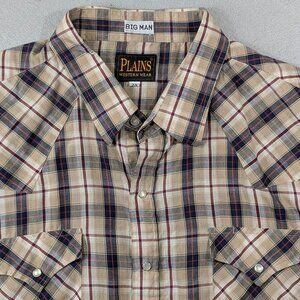 Plains‎ Western Wear Big Man Pearl Snap Shirt Mens 3XL Brown Plaid Rockabilly